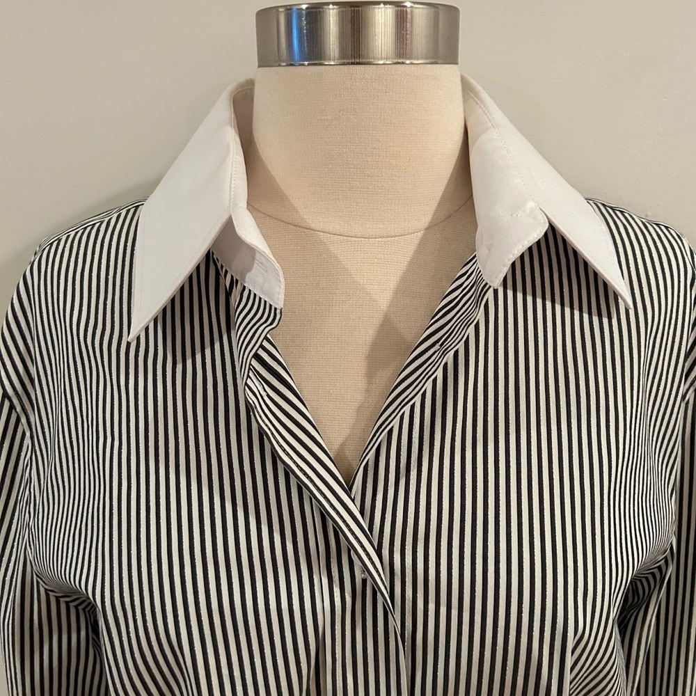 Chic Lafayette 148 button up black striped blouse. - Picture 2 of 6